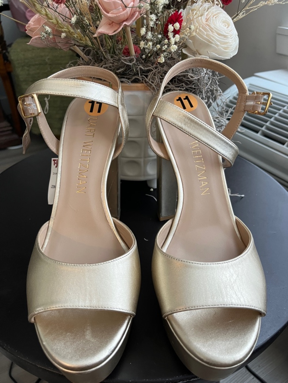 Stuart Weitzman Metallic Gold Block Heel Sandals